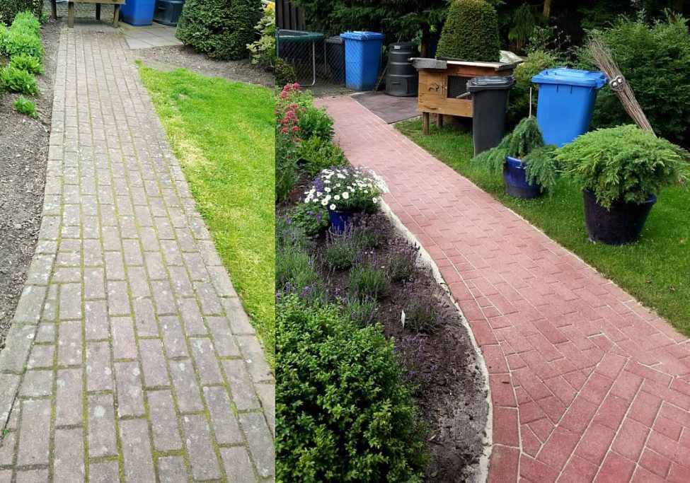 Zwei Gartenwege, einer aus Steinen, der andere aus roten Fliesen, umgeben von Pflanzen.