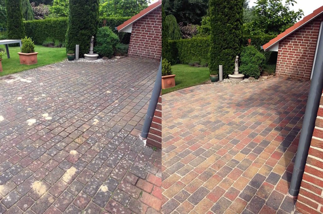 Vorher-nachher Vergleich einer gepflasterten Auffahrt, links unordentlich, rechts sauber und neu.