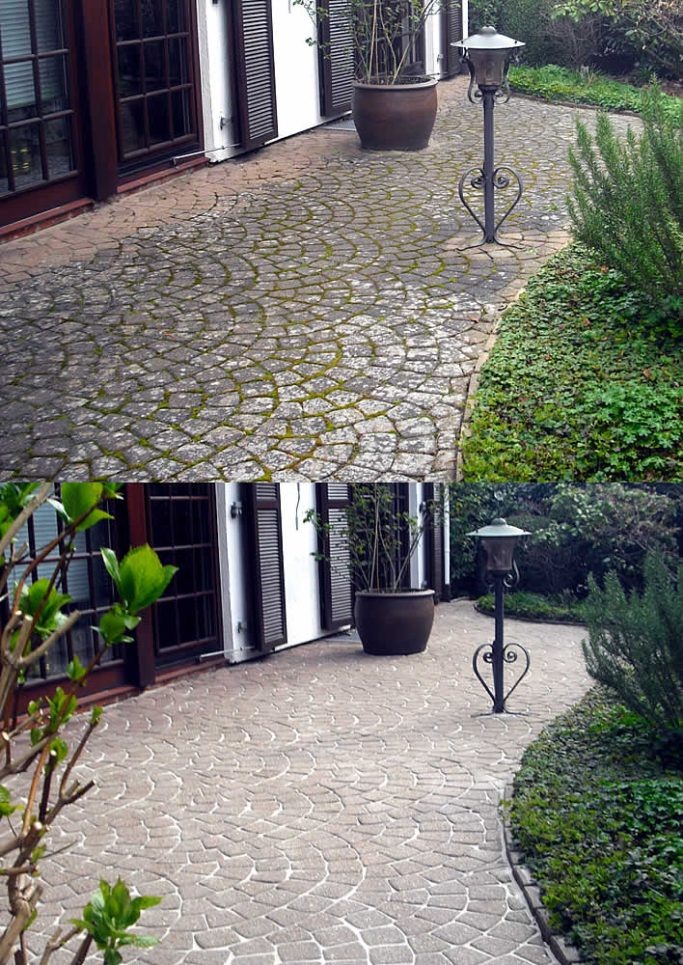 Vorher-Nachher-Vergleich des gepflasterten Weges mit Pflanzen und einem Laternenpfahl.